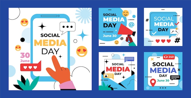 Flat instagram posts collection for social media day celebration