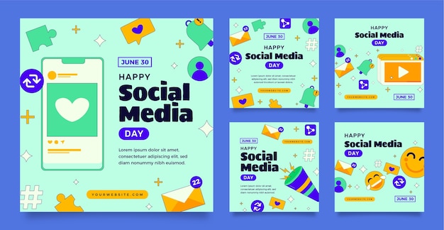 Free vector flat instagram posts collection for social media day celebration