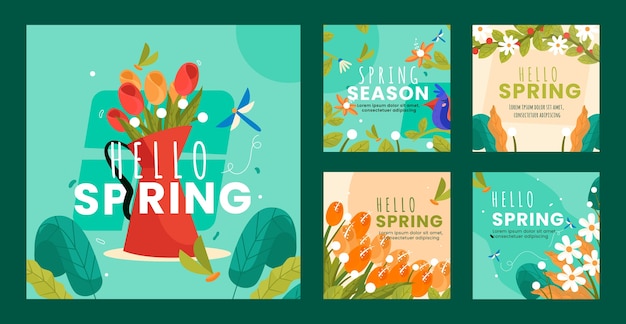 Free vector flat instagram posts collection for spring celebration