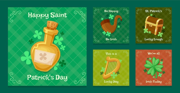 Free vector flat instagram posts collection for st patrick's day celebration