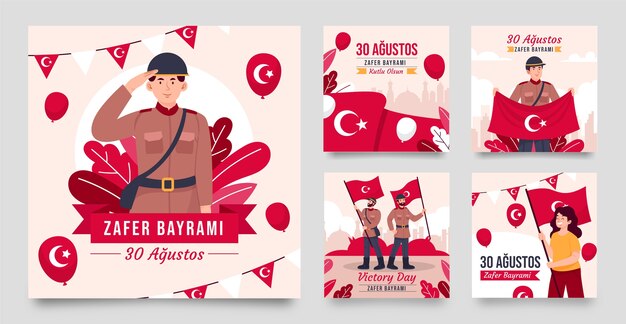 トルコ軍の日のお祝いのためのフラットなインスタグラム投稿コレクション