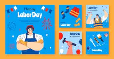 Free vector flat instagram posts collection for us labor day celebration