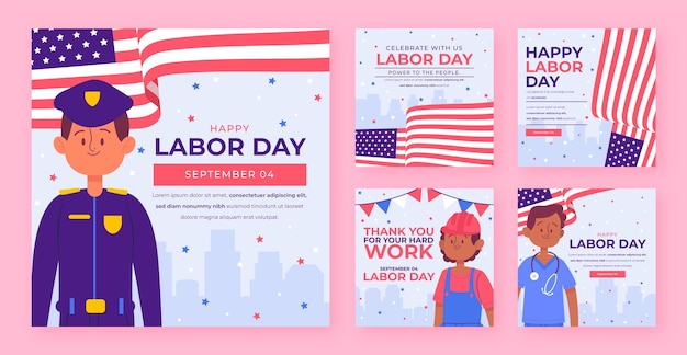 Free vector flat instagram posts collection for us labor day celebration