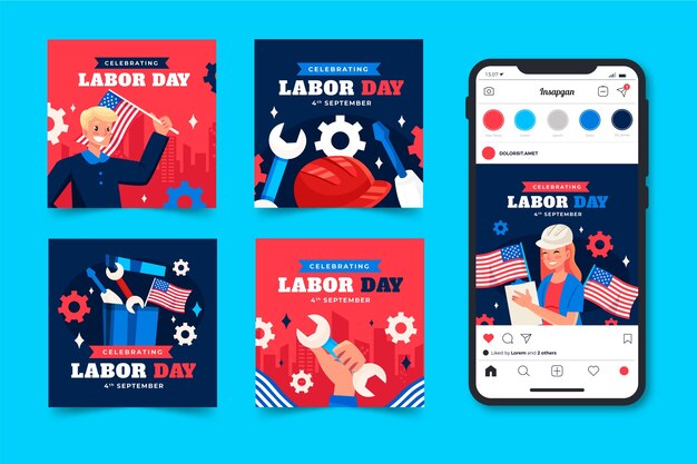 Free vector flat instagram posts collection for us labor day celebration