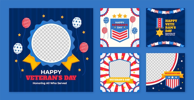 Flat instagram posts collection for usa veterans day holiday