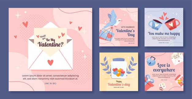Flat instagram posts collection for valentine's day