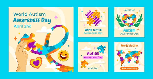 Free vector flat instagram posts collection for world autism awareness day