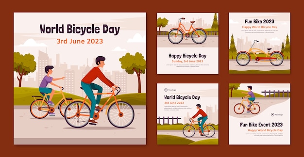 세계 자전거의 날 축하를 위한 플랫 인스타그램 게시물 모음