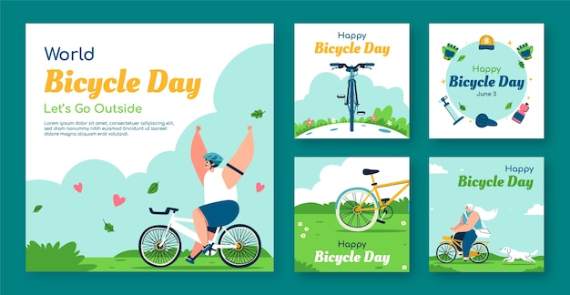 Free vector flat instagram posts collection for world bicycle day celebration