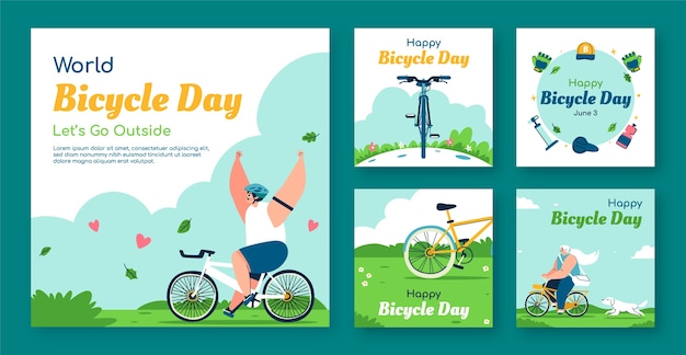 Flat instagram posts collection for world bicycle day celebration