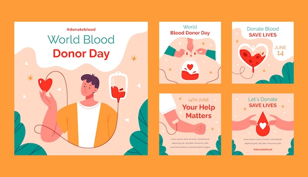 Free vector flat instagram posts collection for world blood donor day awareness
