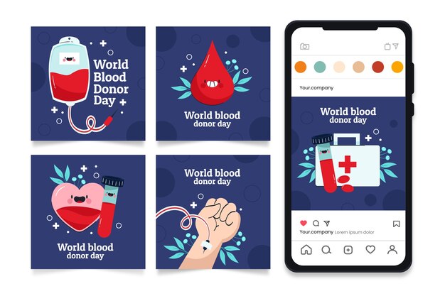 Flat instagram posts collection for world blood donor day