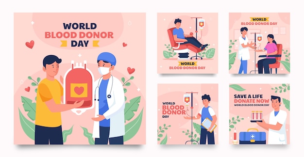 Free vector flat instagram posts collection for world blood donor day