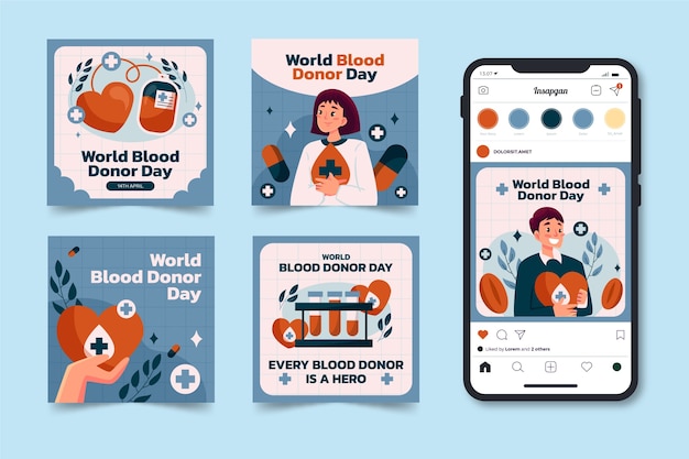 Flat instagram posts collection for world blood donor day