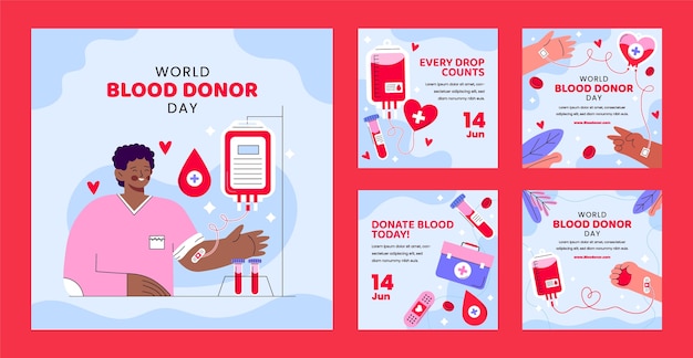 Vettore gratuito collezione di post instagram piatti per la giornata mondiale del donatore di sangue