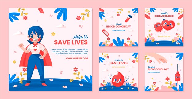 Flat instagram posts collection for world blood donor day