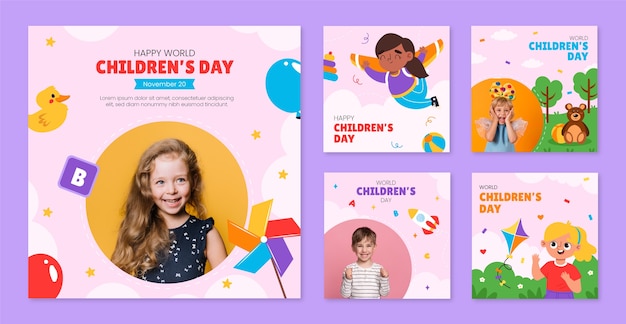 Flat instagram posts collection for world children's day celebration with kids playing
