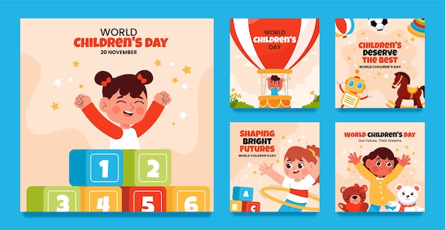 Flat instagram posts collection for world children's day celebration