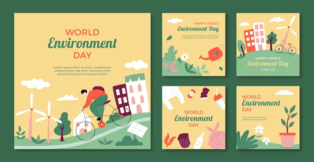 Vettore gratuito collezione di post instagram piatti per la celebrazione della giornata mondiale dell'ambiente