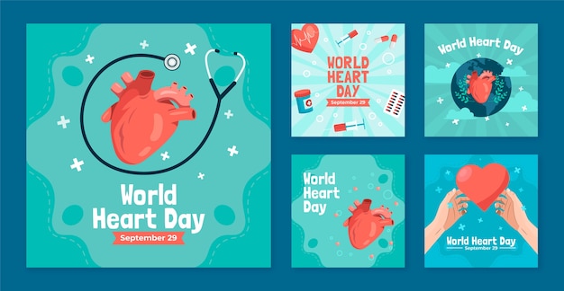 Коллекция плоских постов в Instagram для осведомленности о Всемирном дне сердца