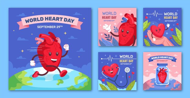 Flat instagram posts collection for world heart day awareness