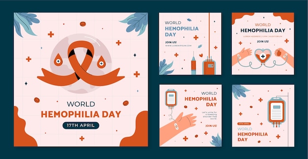 Free vector flat instagram posts collection for world hemophilia day awareness