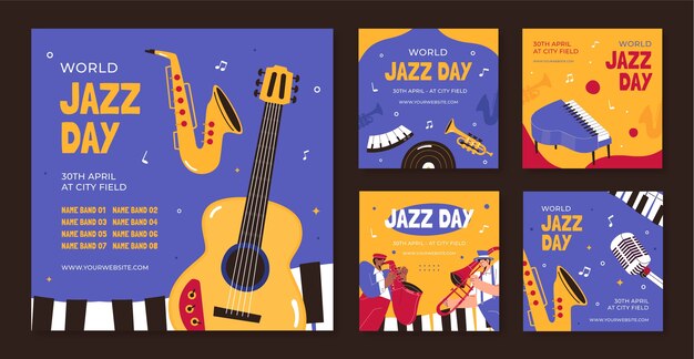 Flat instagram posts collection for world jazz day