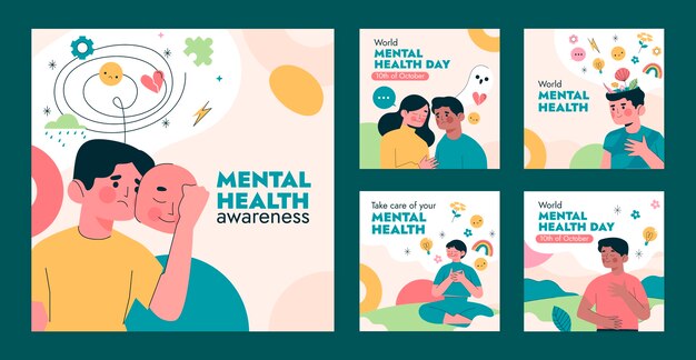 Flat instagram posts collection for world mental health day awareness