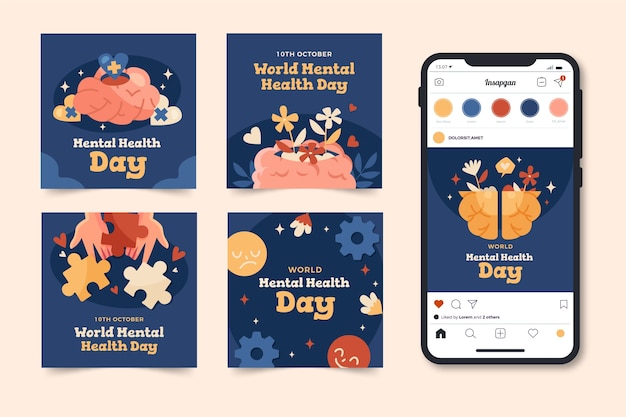 世界メンタルヘルスデーの意識を高めるためのフラットな Instagram 投稿コレクション