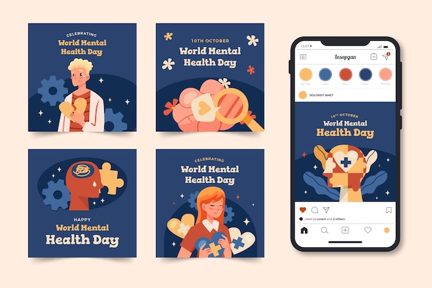 Flat instagram posts collection for world mental health day awareness