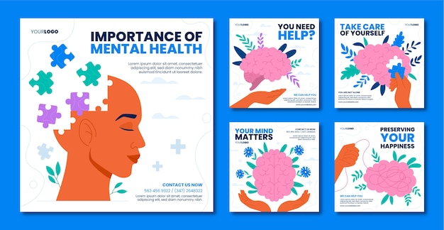 Free vector flat instagram posts collection for world mental health day