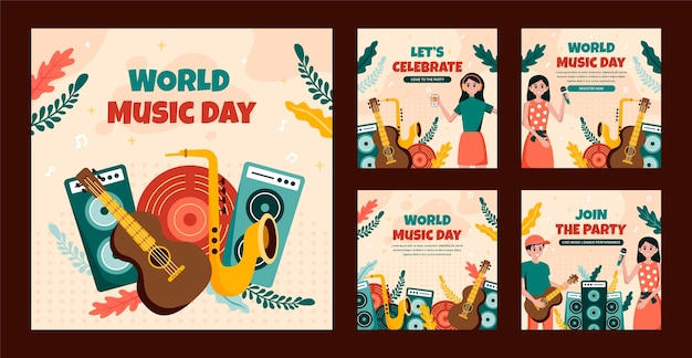 세계 음악의 날 축하를 위한 플랫 인스타그램 게시물 모음