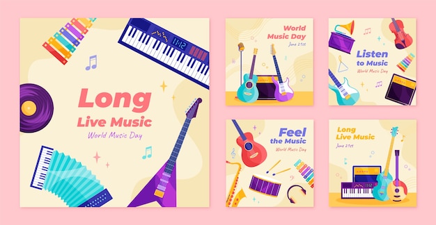 Flat instagram posts collection for world music day celebration