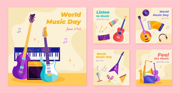 Flat instagram posts collection for world music day celebration