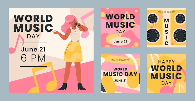 Free vector flat instagram posts collection for world music day celebration