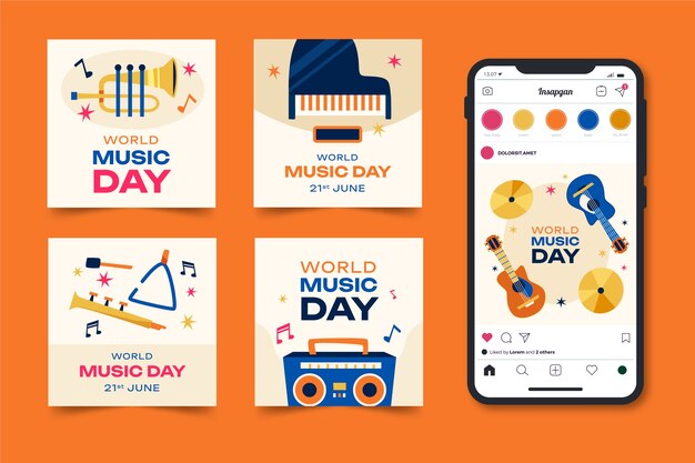 Flat instagram posts collection for world music day celebration