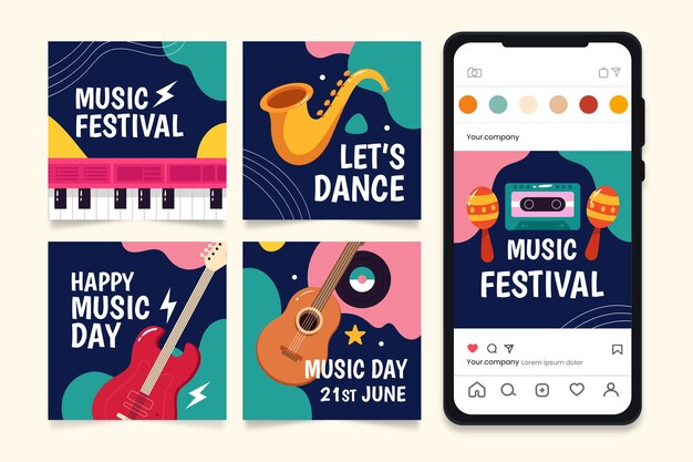 Vettore gratuito collezione di post instagram piatti per la celebrazione della giornata mondiale della musica