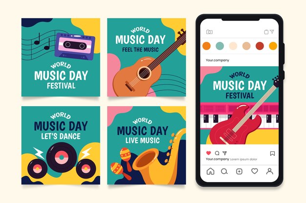 Плоская коллекция постов в instagram для празднования всемирного дня музыки