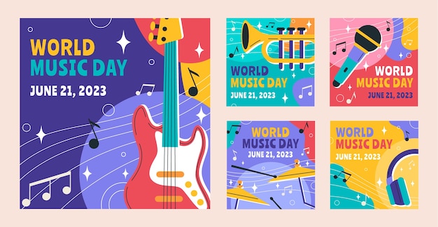 Free vector flat instagram posts collection for world music day celebration