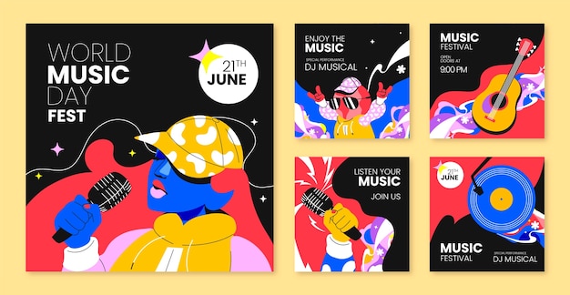 Free vector flat instagram posts collection for world music day celebration