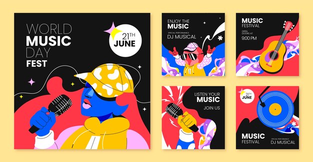 Flat instagram posts collection for world music day celebration