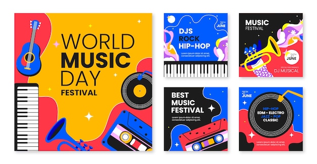Flat instagram posts collection for world music day celebration