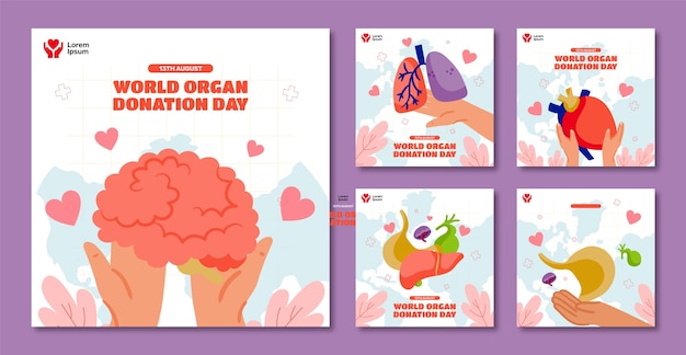 Free vector flat instagram posts collection for world organ donation day