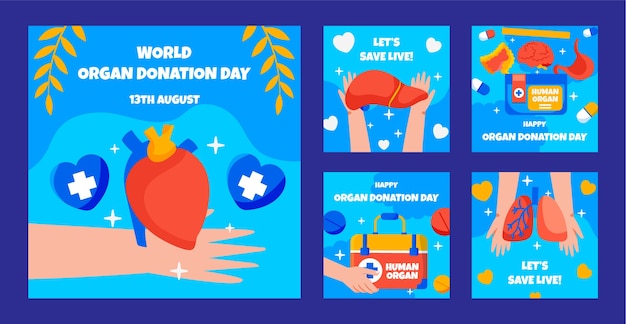 세계 장기 기증의 날을 위한 플랫 인스타그램 게시물 컬렉션