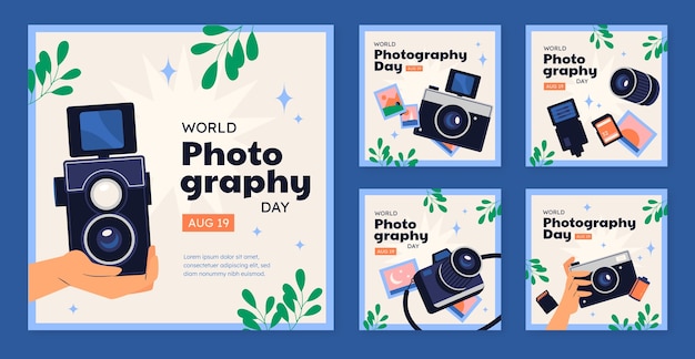 Flat instagram posts collection for world photography day celebration