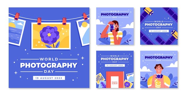 Flat instagram posts collection for world photography day