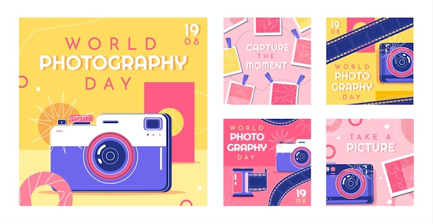 Плоская коллекция постов в instagram ко всемирному дню фотографии