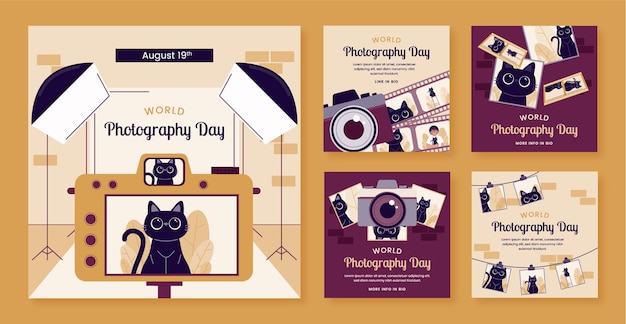 Free vector flat instagram posts collection for world photography day