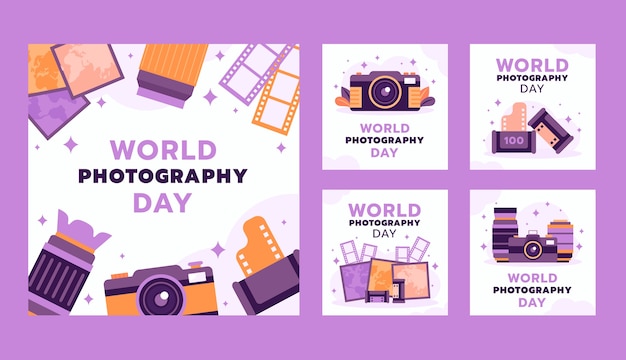 Free vector flat instagram posts collection for world photography day