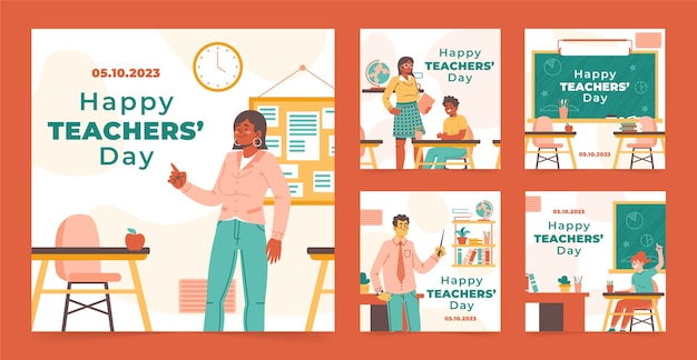 Free vector flat instagram posts collection for world teacher's day celebration